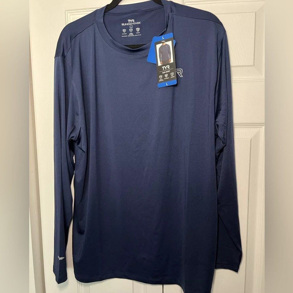TYR Sundefense Mens L/S Blue Sun Shirt UPF 50+ Quick Dry Size Large L